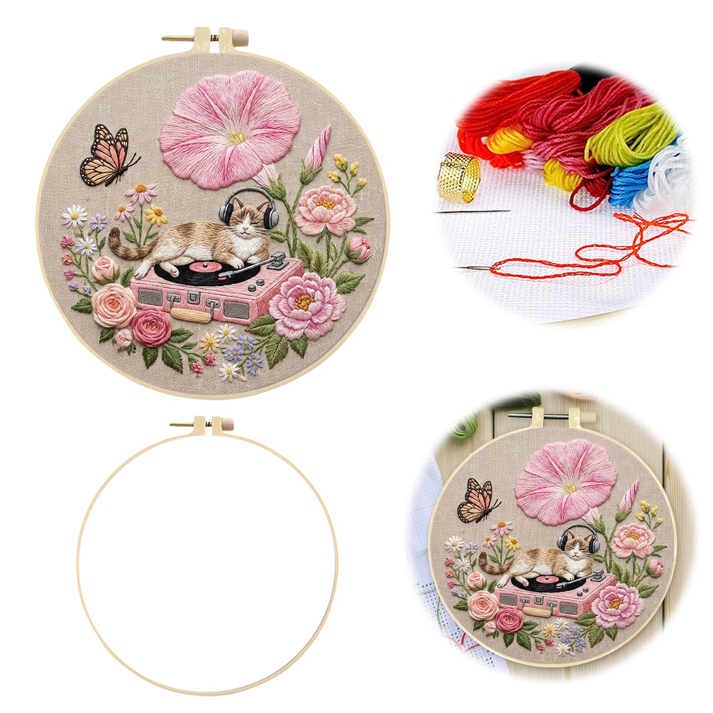 Cat And Record Player - DIY Embroidery Cross Stitch Kit with Pattern Cotton Threads Needles Hoop 29x29CM/11.42x11.42in
