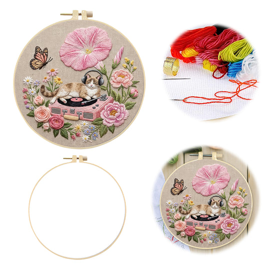 Cat And Record Player - DIY Embroidery Cross Stitch Kit with Pattern Cotton Threads Needles Hoop 29x29CM/11.42x11.42in