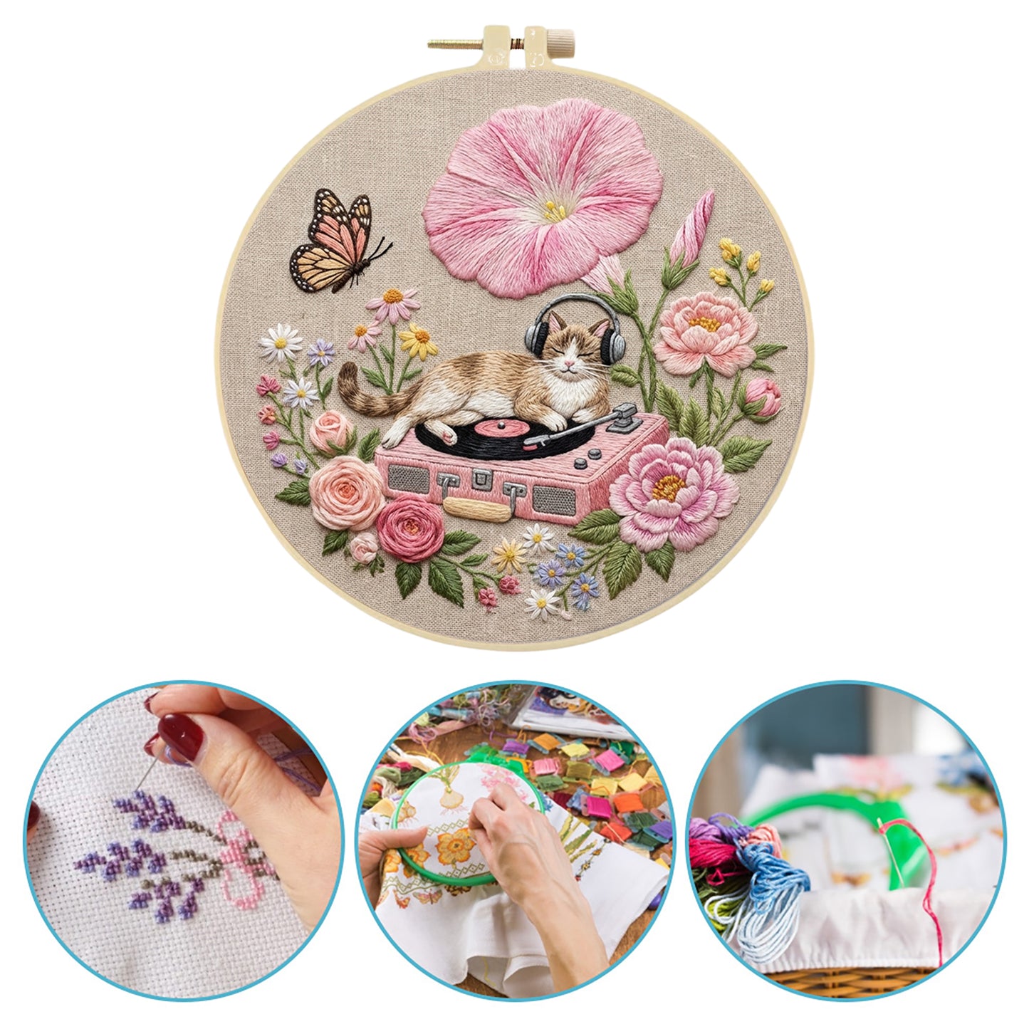Cat And Record Player - DIY Embroidery Cross Stitch Kit with Pattern Cotton Threads Needles Hoop 29x29CM/11.42x11.42in
