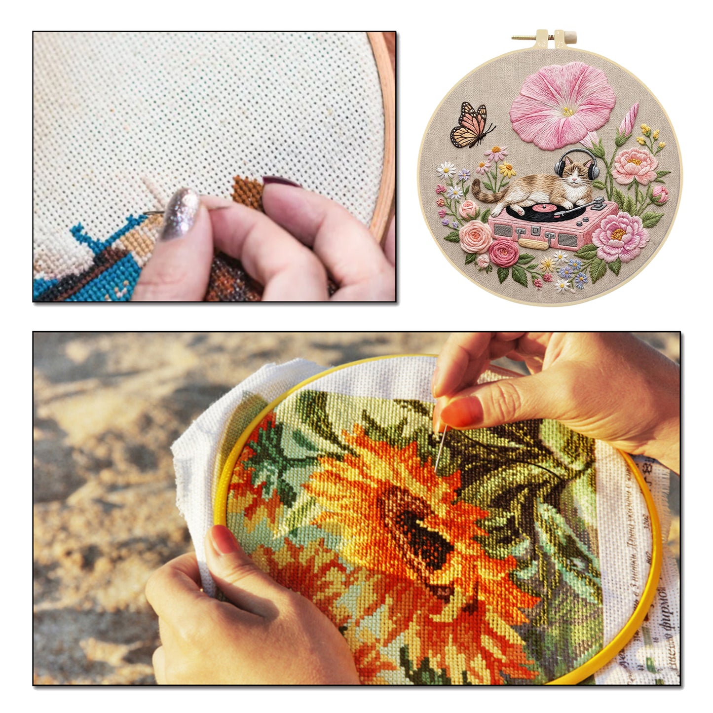 Cat And Record Player - DIY Embroidery Cross Stitch Kit with Pattern Cotton Threads Needles Hoop 29x29CM/11.42x11.42in
