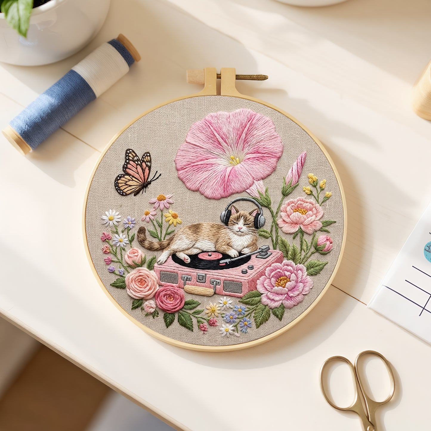 Cat And Record Player - DIY Embroidery Cross Stitch Kit with Pattern Cotton Threads Needles Hoop 29x29CM/11.42x11.42in