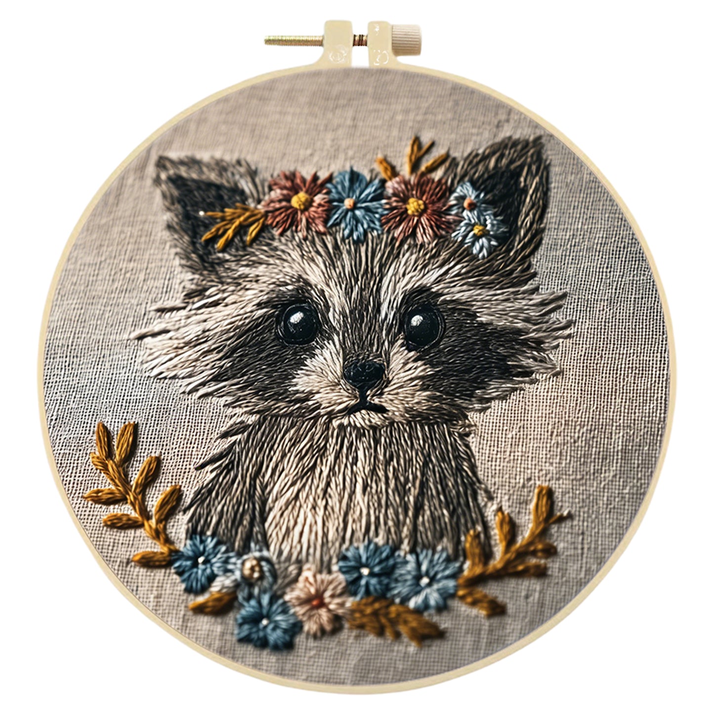 Raccoon With Floral Wreath - DIY Embroidery Cross Stitch Kit with Pattern Cotton Threads Needles Hoop 29x29CM/11.42x11.42in