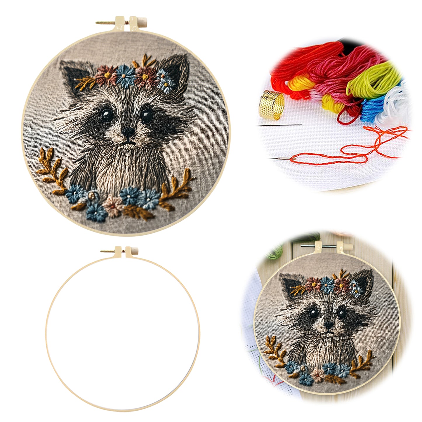 Raccoon With Floral Wreath - DIY Embroidery Cross Stitch Kit with Pattern Cotton Threads Needles Hoop 29x29CM/11.42x11.42in