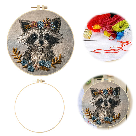 Raccoon With Floral Wreath - DIY Embroidery Cross Stitch Kit with Pattern Cotton Threads Needles Hoop 29x29CM/11.42x11.42in
