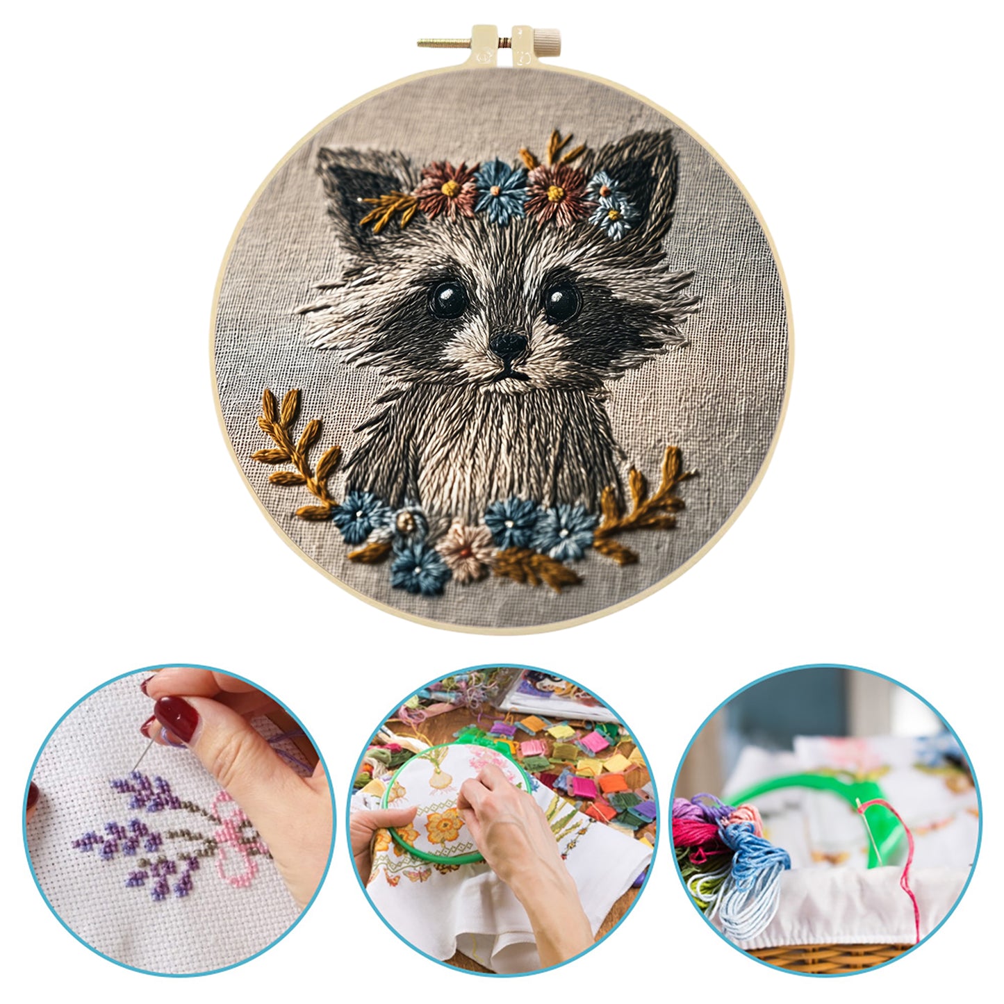 Raccoon With Floral Wreath - DIY Embroidery Cross Stitch Kit with Pattern Cotton Threads Needles Hoop 29x29CM/11.42x11.42in