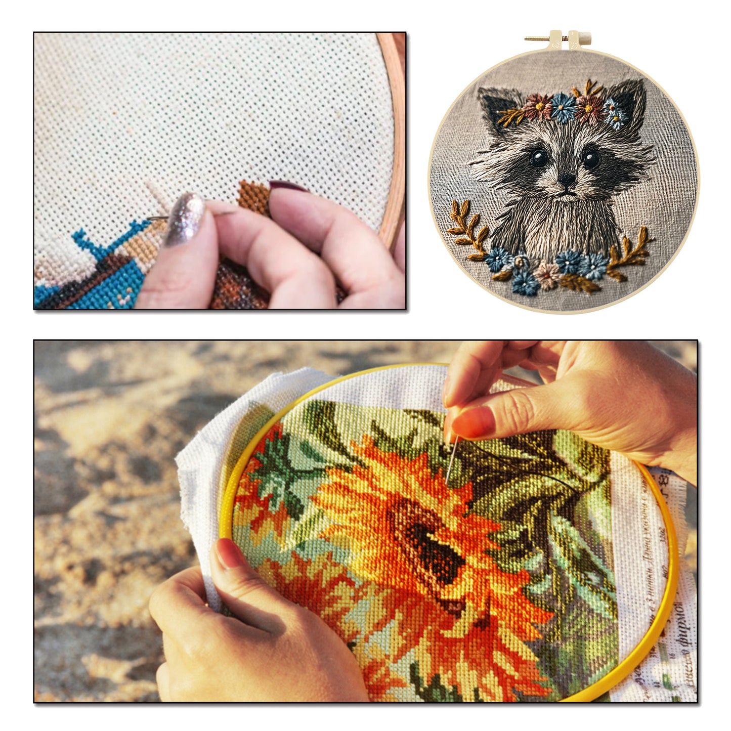 Raccoon With Floral Wreath - DIY Embroidery Cross Stitch Kit with Pattern Cotton Threads Needles Hoop 29x29CM/11.42x11.42in