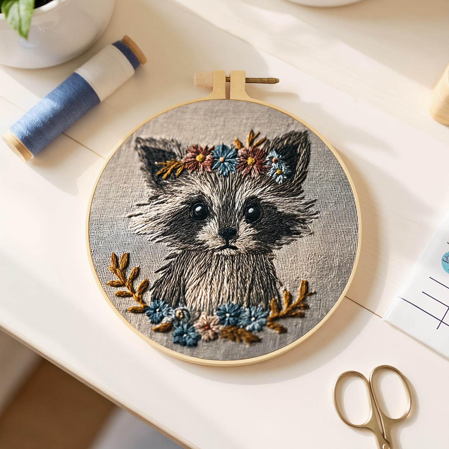 Raccoon With Floral Wreath - DIY Embroidery Cross Stitch Kit with Pattern Cotton Threads Needles Hoop 29x29CM/11.42x11.42in