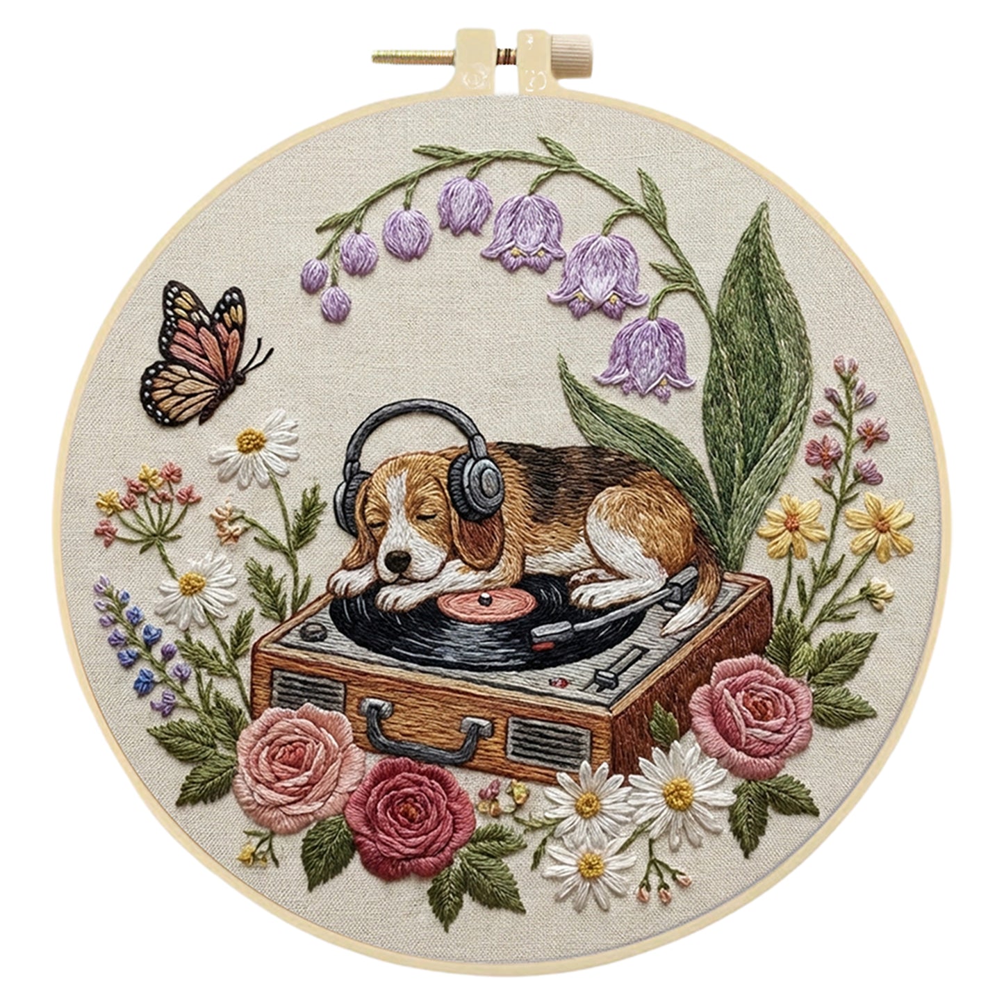 Dog And Record Player - DIY Embroidery Cross Stitch Kit with Pattern Cotton Threads Needles Hoop 29x29CM/11.42x11.42in