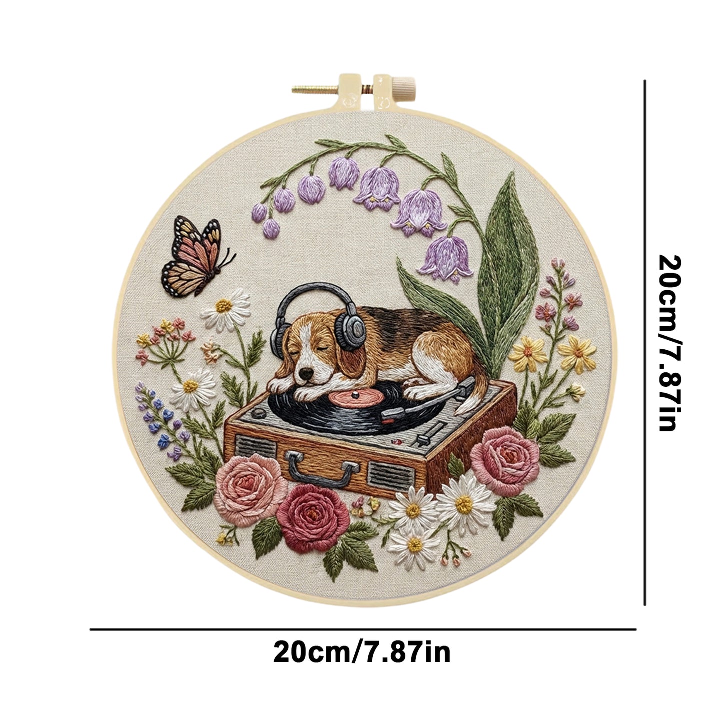 Dog And Record Player - DIY Embroidery Cross Stitch Kit with Pattern Cotton Threads Needles Hoop 29x29CM/11.42x11.42in