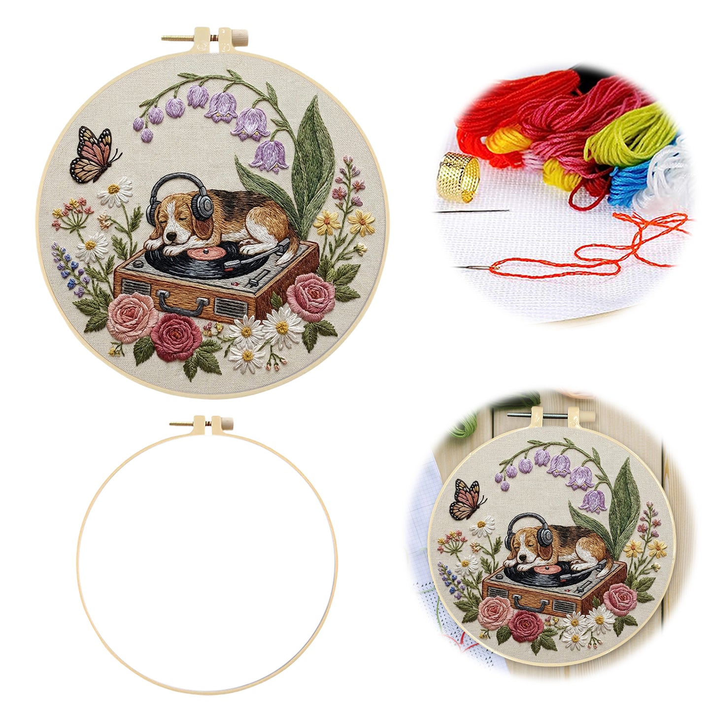 Dog And Record Player - DIY Embroidery Cross Stitch Kit with Pattern Cotton Threads Needles Hoop 29x29CM/11.42x11.42in