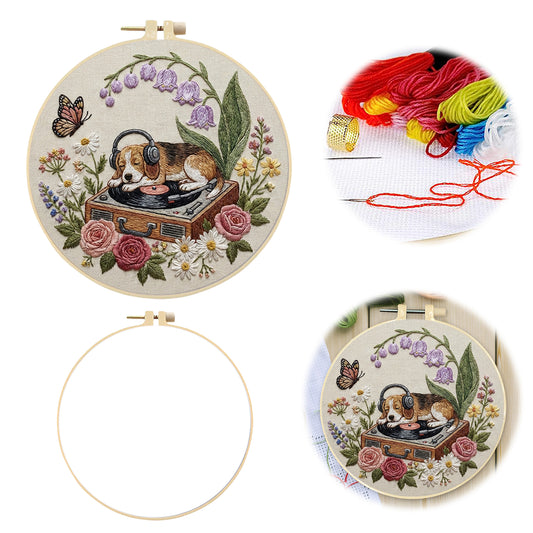 Dog And Record Player - DIY Embroidery Cross Stitch Kit with Pattern Cotton Threads Needles Hoop 29x29CM/11.42x11.42in