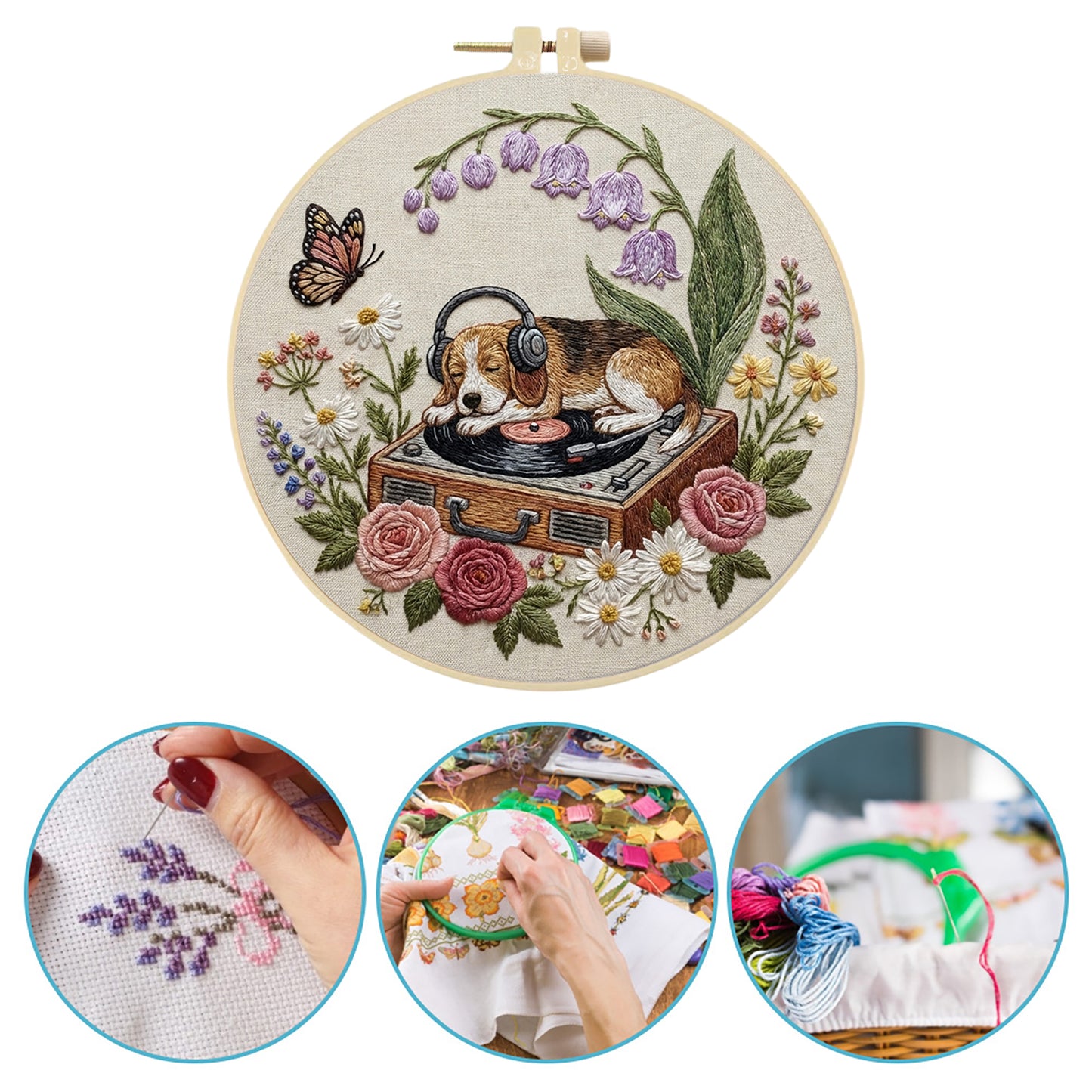 Dog And Record Player - DIY Embroidery Cross Stitch Kit with Pattern Cotton Threads Needles Hoop 29x29CM/11.42x11.42in