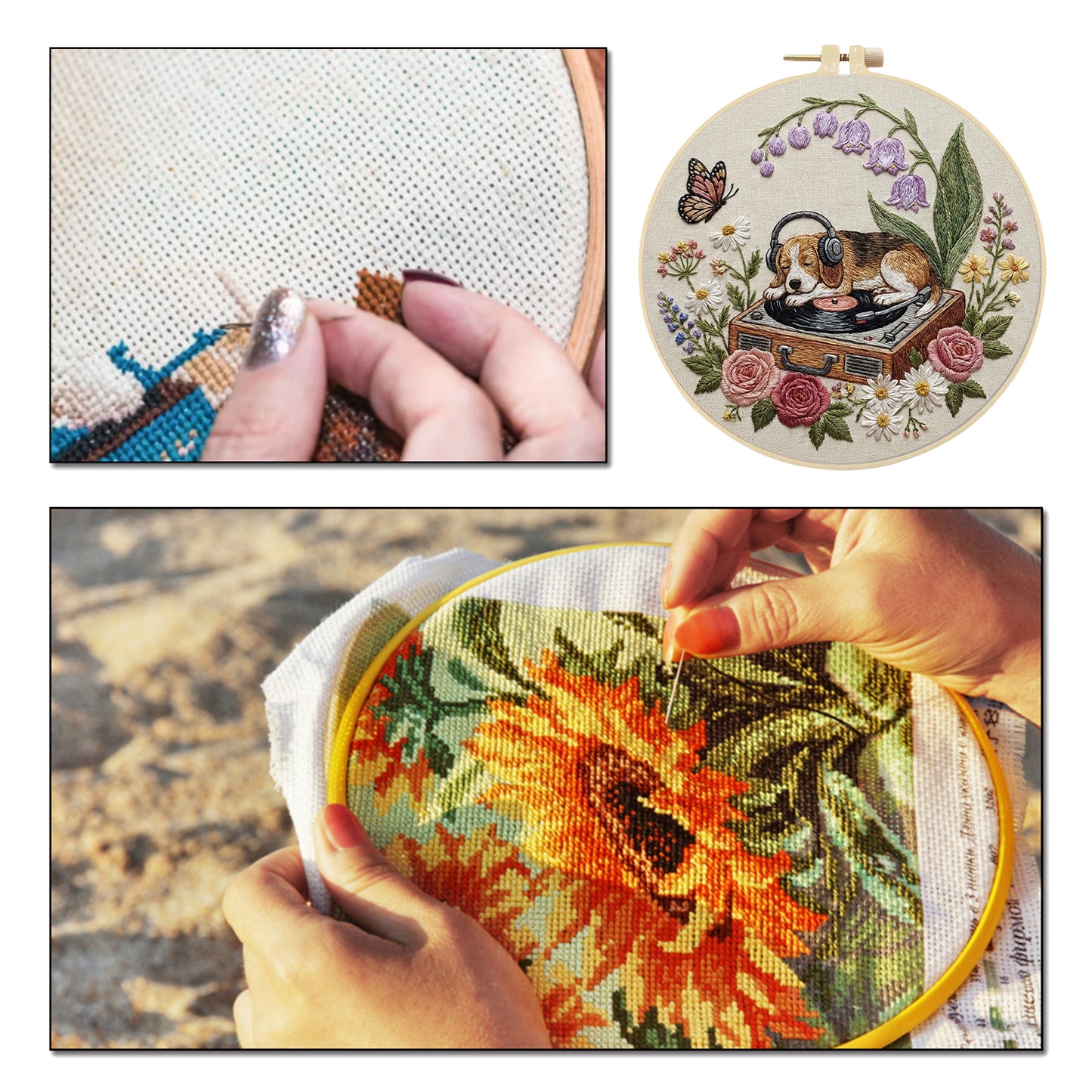 Dog And Record Player - DIY Embroidery Cross Stitch Kit with Pattern Cotton Threads Needles Hoop 29x29CM/11.42x11.42in