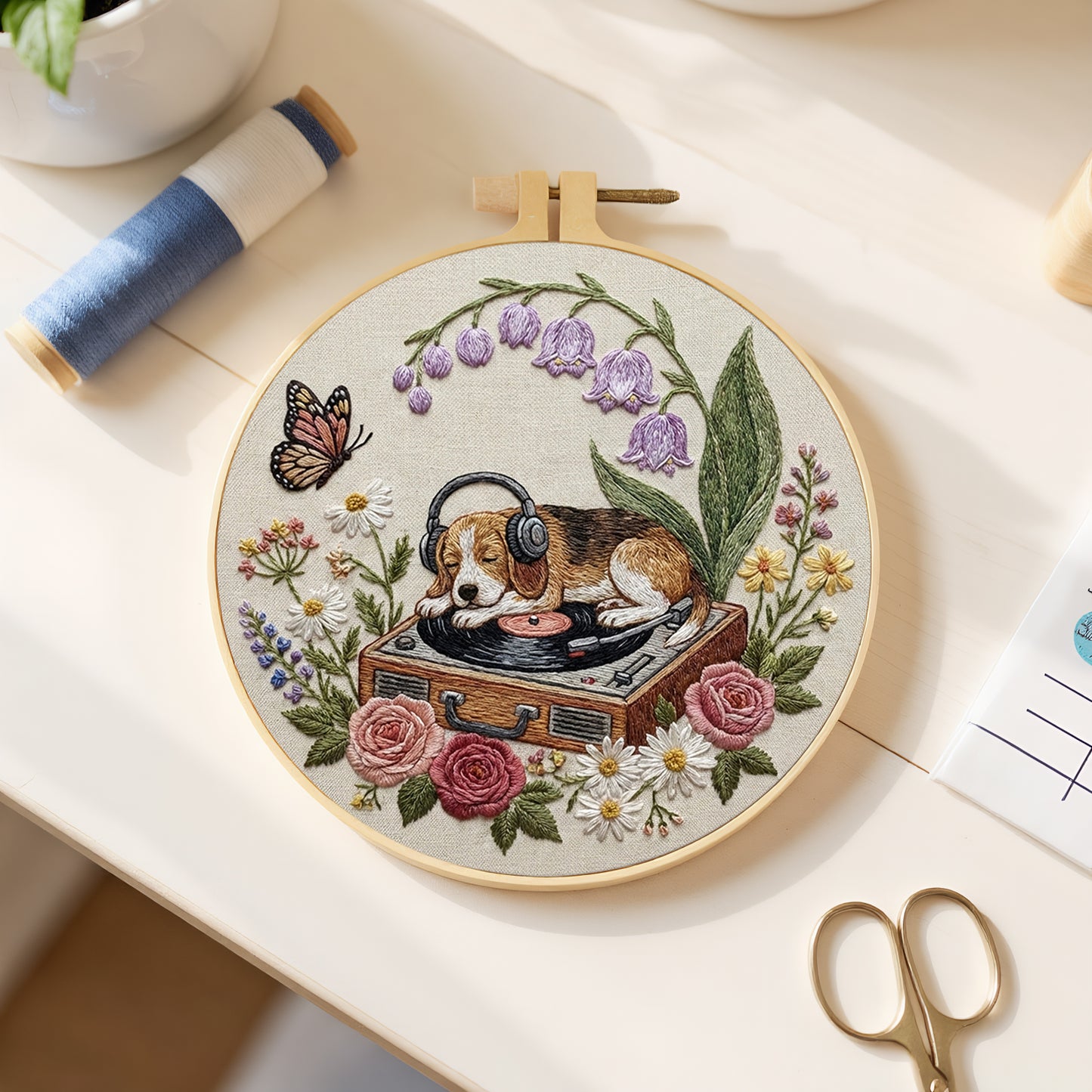 Dog And Record Player - DIY Embroidery Cross Stitch Kit with Pattern Cotton Threads Needles Hoop 29x29CM/11.42x11.42in