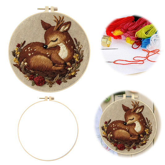 Sleeping Deer - DIY Embroidery Cross Stitch Kit with Pattern Cotton Threads Needles Hoop 29x29CM/11.42x11.42in