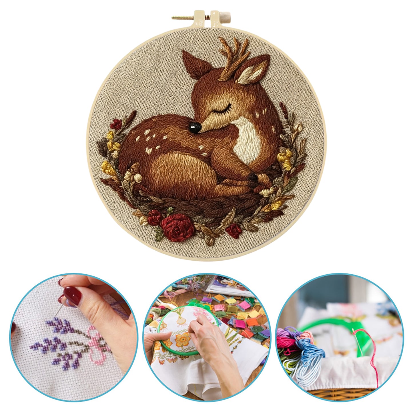 Sleeping Deer - DIY Embroidery Cross Stitch Kit with Pattern Cotton Threads Needles Hoop 29x29CM/11.42x11.42in