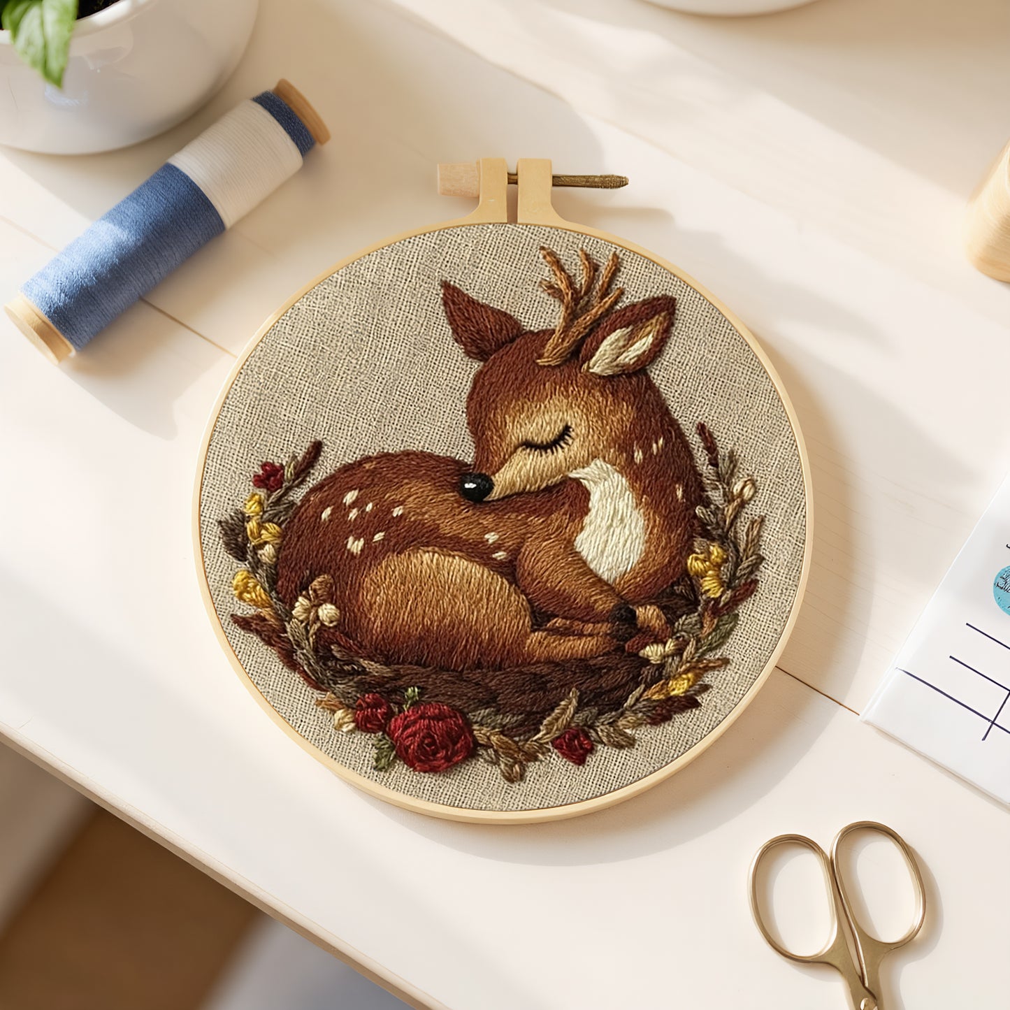 Sleeping Deer - DIY Embroidery Cross Stitch Kit with Pattern Cotton Threads Needles Hoop 29x29CM/11.42x11.42in