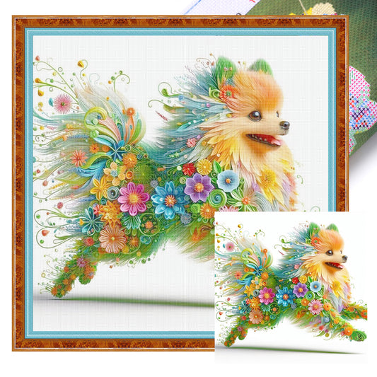 Flower Dog - Full 11CT Stamped Cross Stitch 40x40CM - Yishu