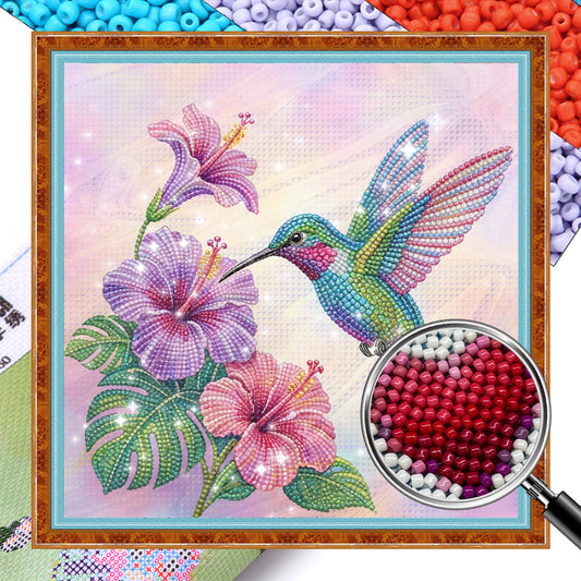 Flowers & Hummingbird - Full 11CT Stamped Cross Stitch - Bead Embroidery 36x36CM/14.17x14.17in
