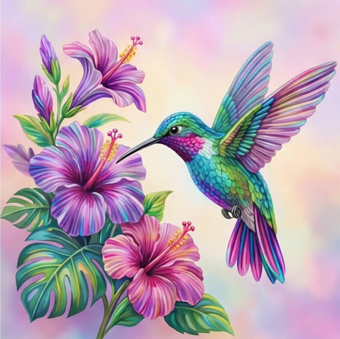 Flowers & Hummingbird - Full 11CT Stamped Cross Stitch - Bead Embroidery 36x36CM/14.17x14.17in