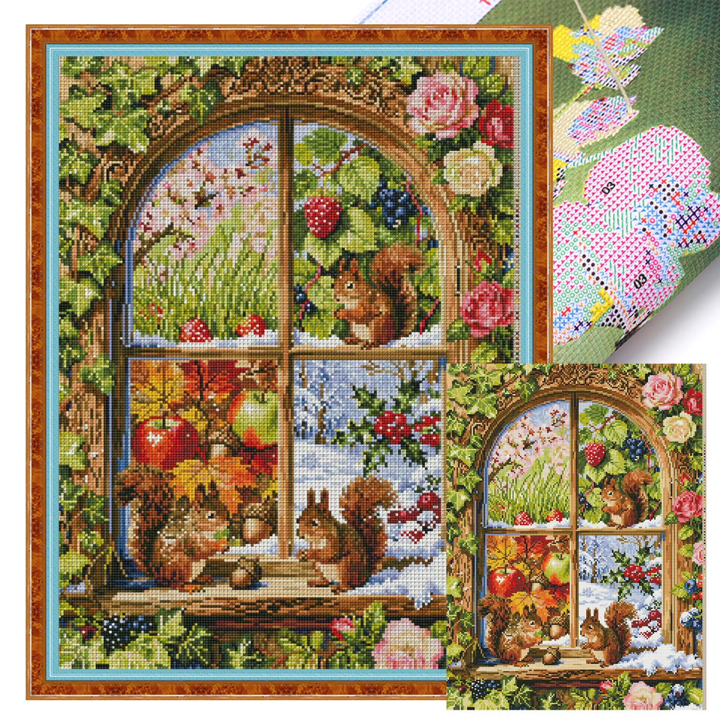 Squirrel Window View Of Four Seasons - Full 11CT Stamped Cross Stitch 50x67CM - Mona Lisa