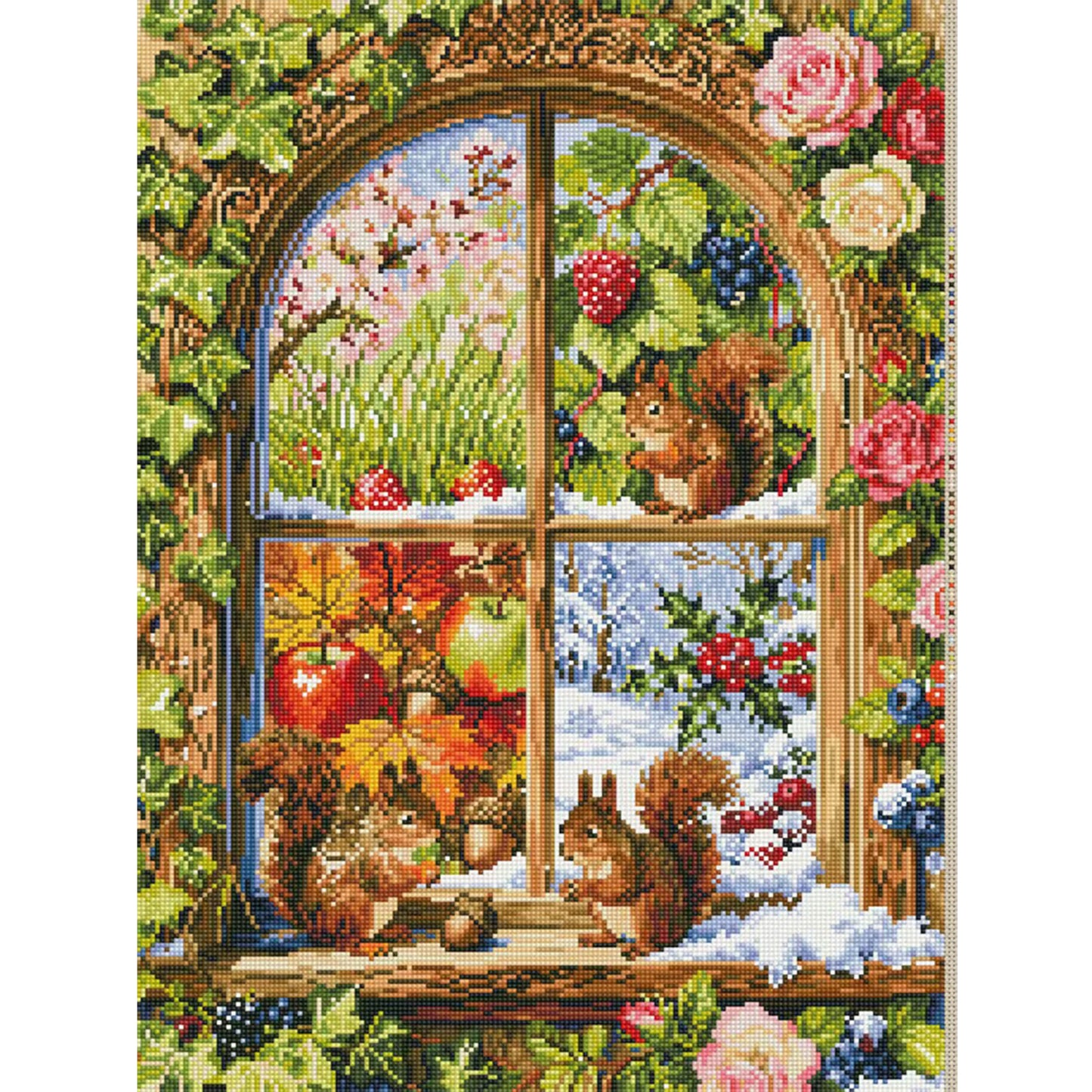 Squirrel Window View Of Four Seasons - Full 11CT Stamped Cross Stitch 50x67CM - Mona Lisa