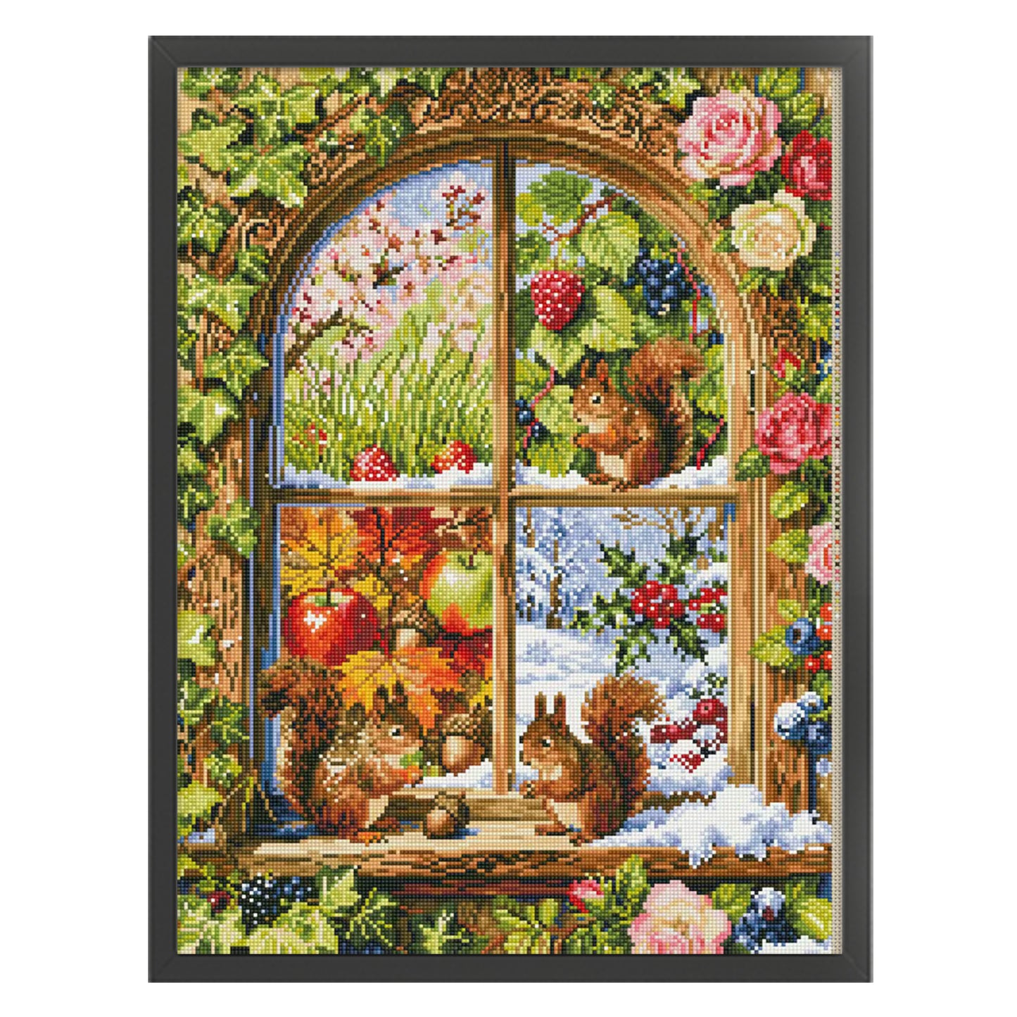 Squirrel Window View Of Four Seasons - Full 11CT Stamped Cross Stitch 50x67CM - Mona Lisa