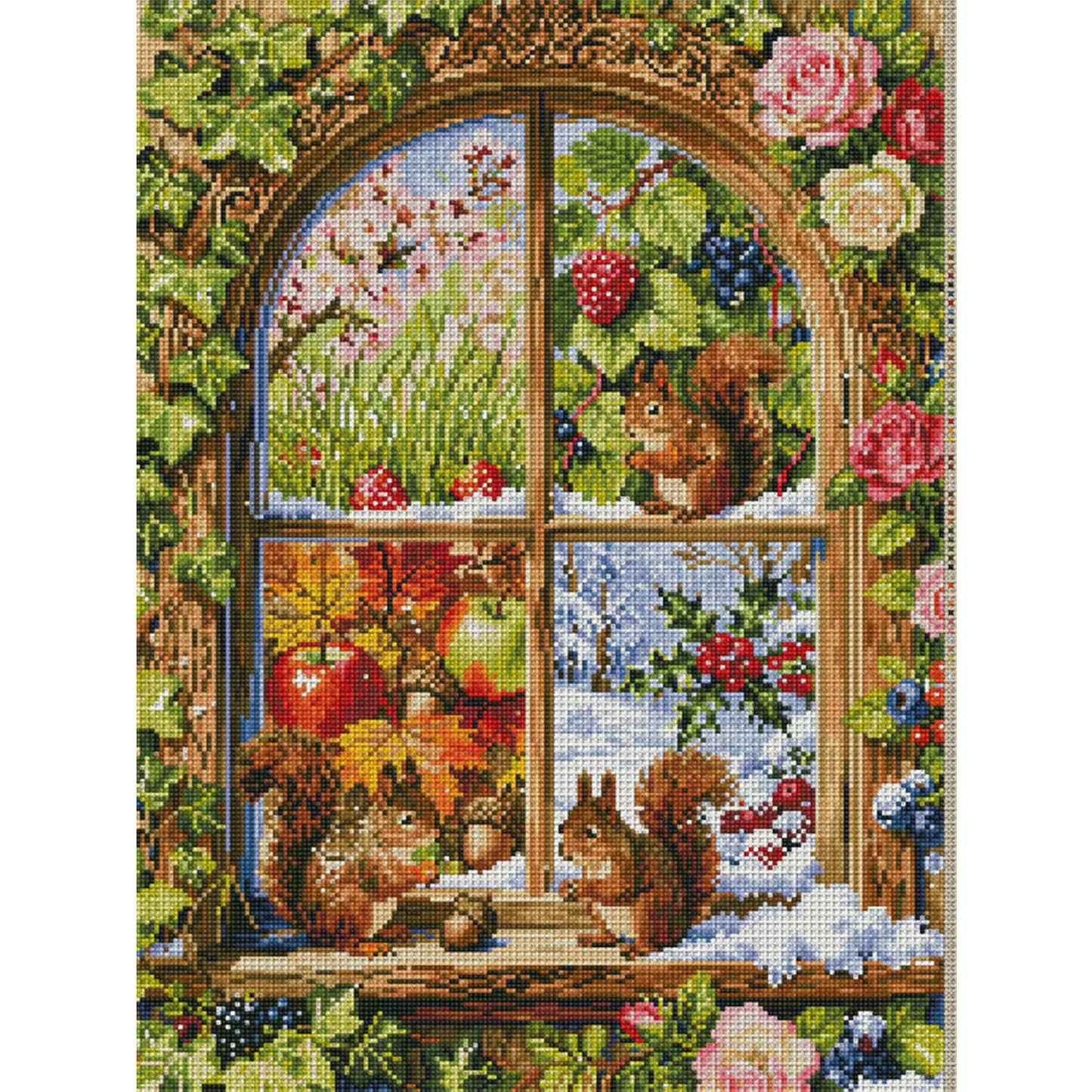 Squirrel Window View Of Four Seasons - Full 11CT Stamped Cross Stitch 50x67CM - Mona Lisa