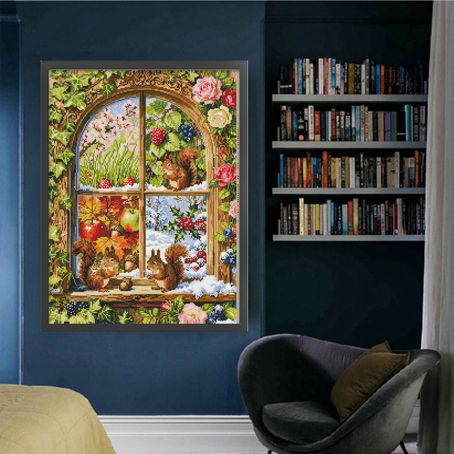 Squirrel Window View Of Four Seasons - Full 11CT Stamped Cross Stitch 50x67CM - Mona Lisa