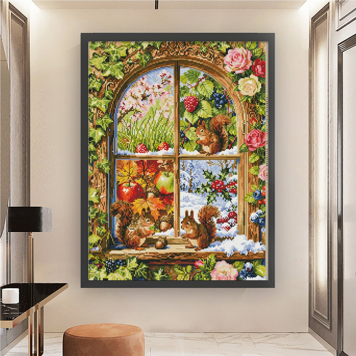 Squirrel Window View Of Four Seasons - Full 11CT Stamped Cross Stitch 50x67CM - Mona Lisa