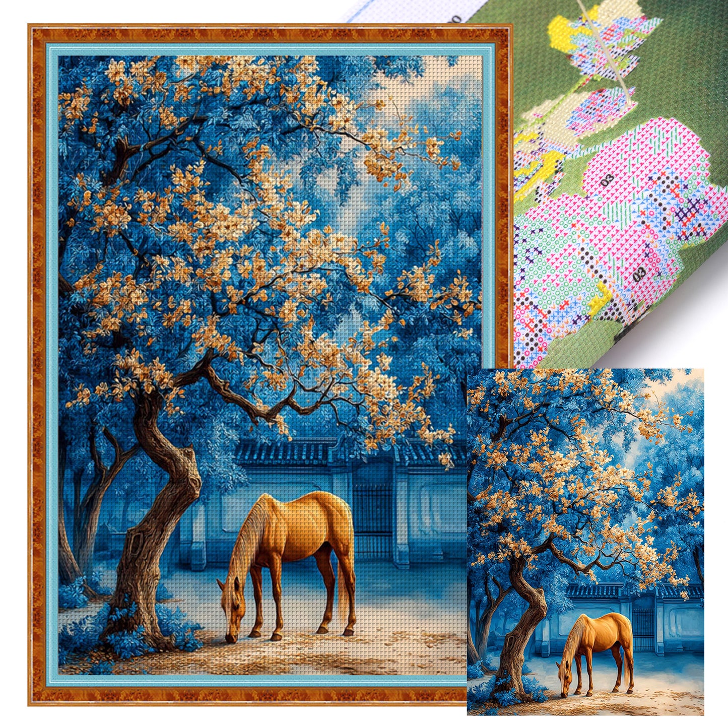 Golden Osmanthus & Horse Success - Full 11CT Stamped Cross Stitch 50x70CM - Mona Lisa