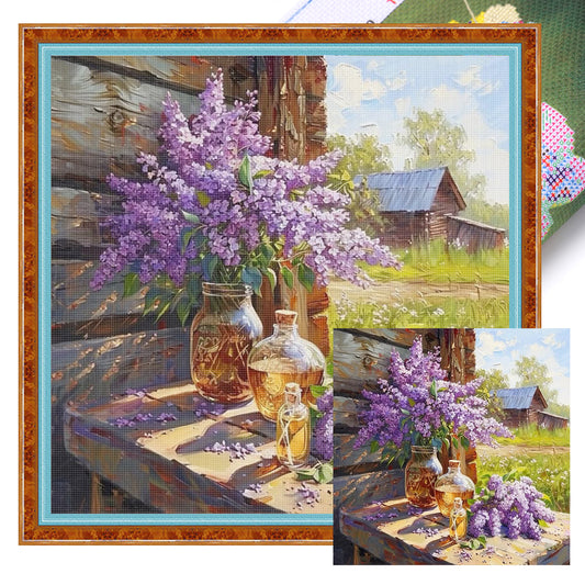 Lilac Under Eaves - Full 11CT Stamped Cross Stitch 50x50CM - Huacan