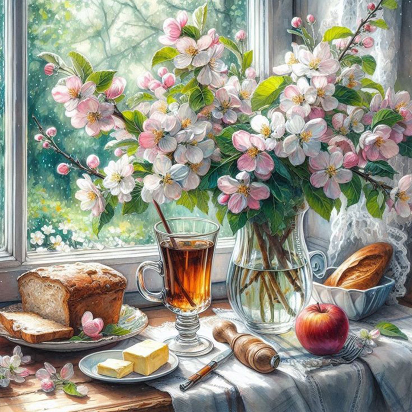 Apple Blossom And Morning Tea - Full 11CT Stamped Cross Stitch 50x50CM - Huacan