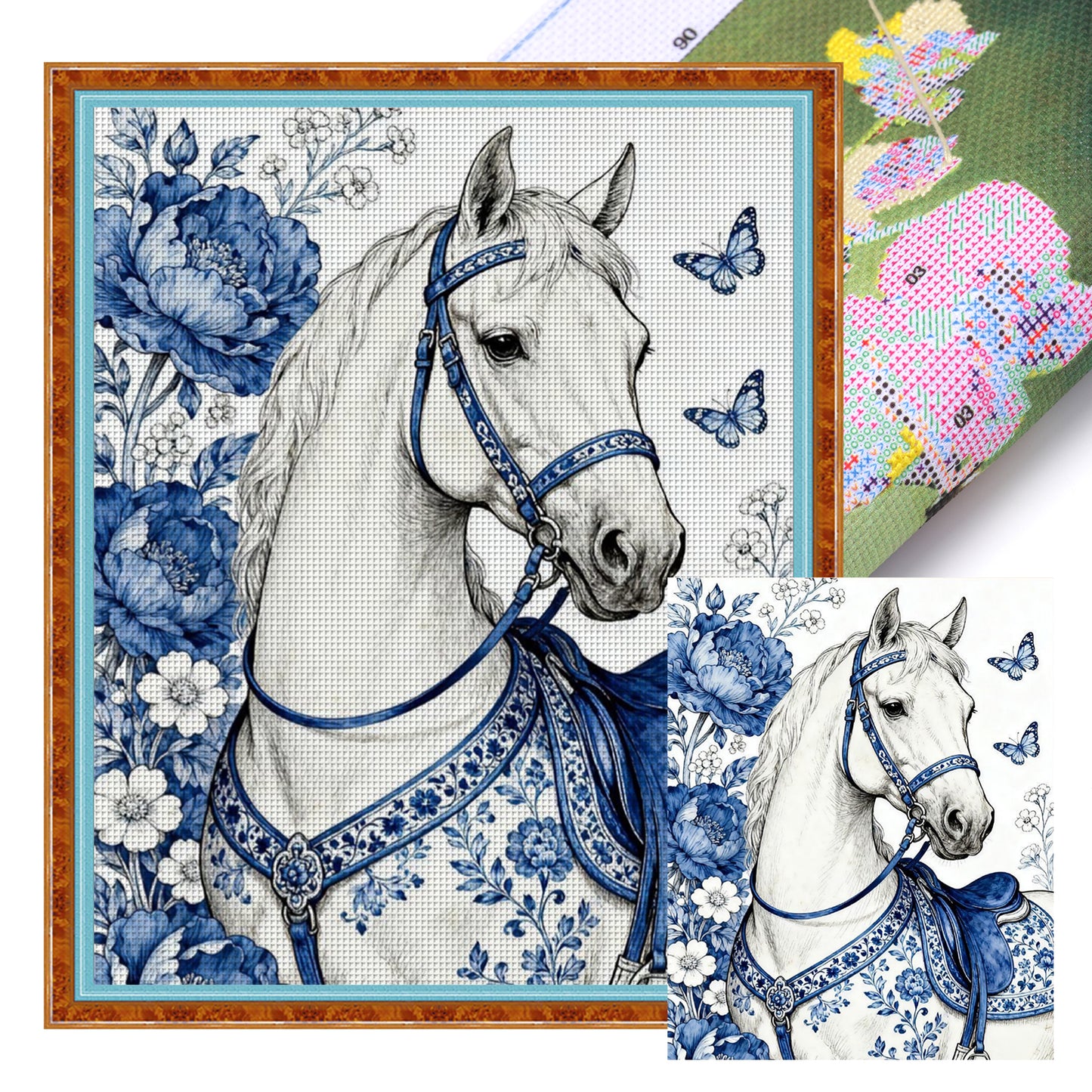 Blue And White Porcelain Series - Horse & Flowers - Full 11CT Stamped Cross Stitch 40x50CM - Huacan