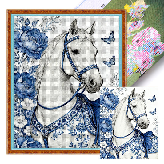 Blue And White Porcelain Series - Horse & Flowers - Full 11CT Stamped Cross Stitch 40x50CM - Huacan