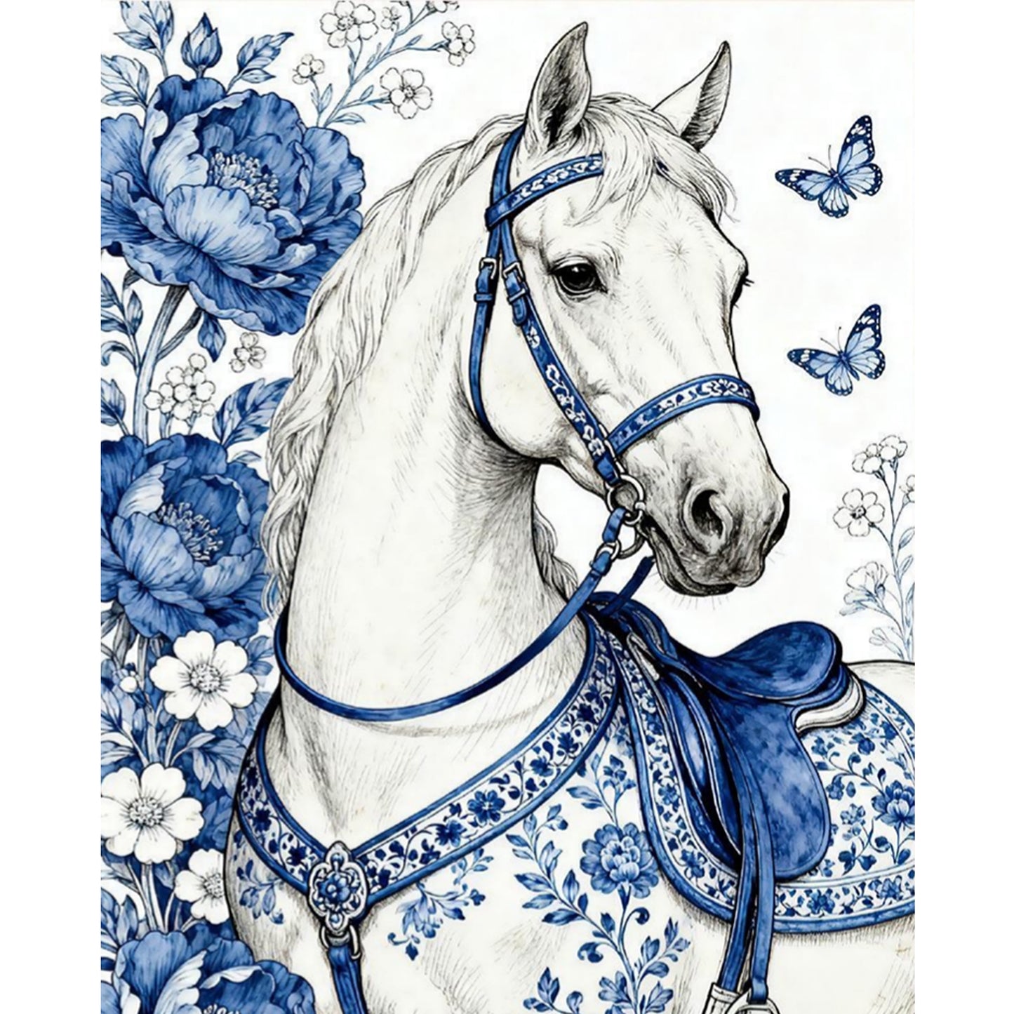 Blue And White Porcelain Series - Horse & Flowers - Full 11CT Stamped Cross Stitch 40x50CM - Huacan