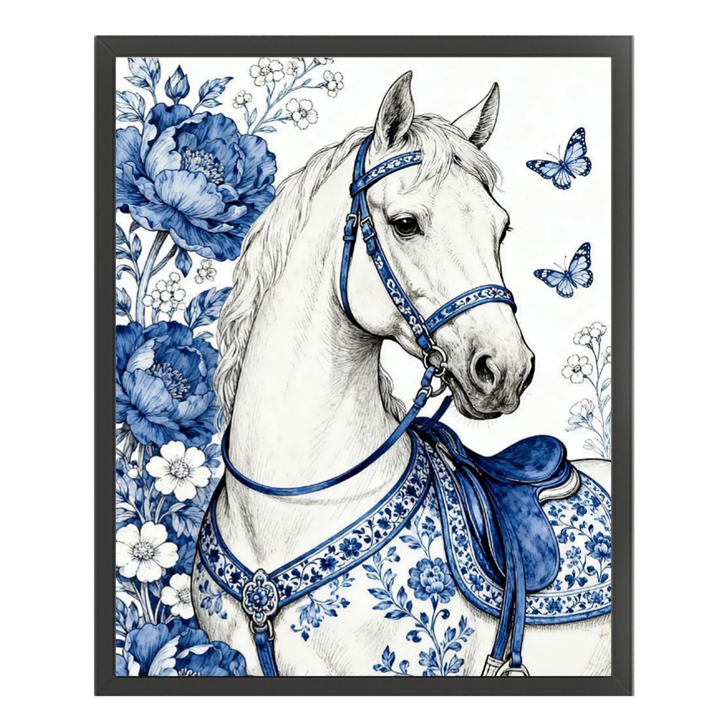 Blue And White Porcelain Series - Horse & Flowers - Full 11CT Stamped Cross Stitch 40x50CM - Huacan