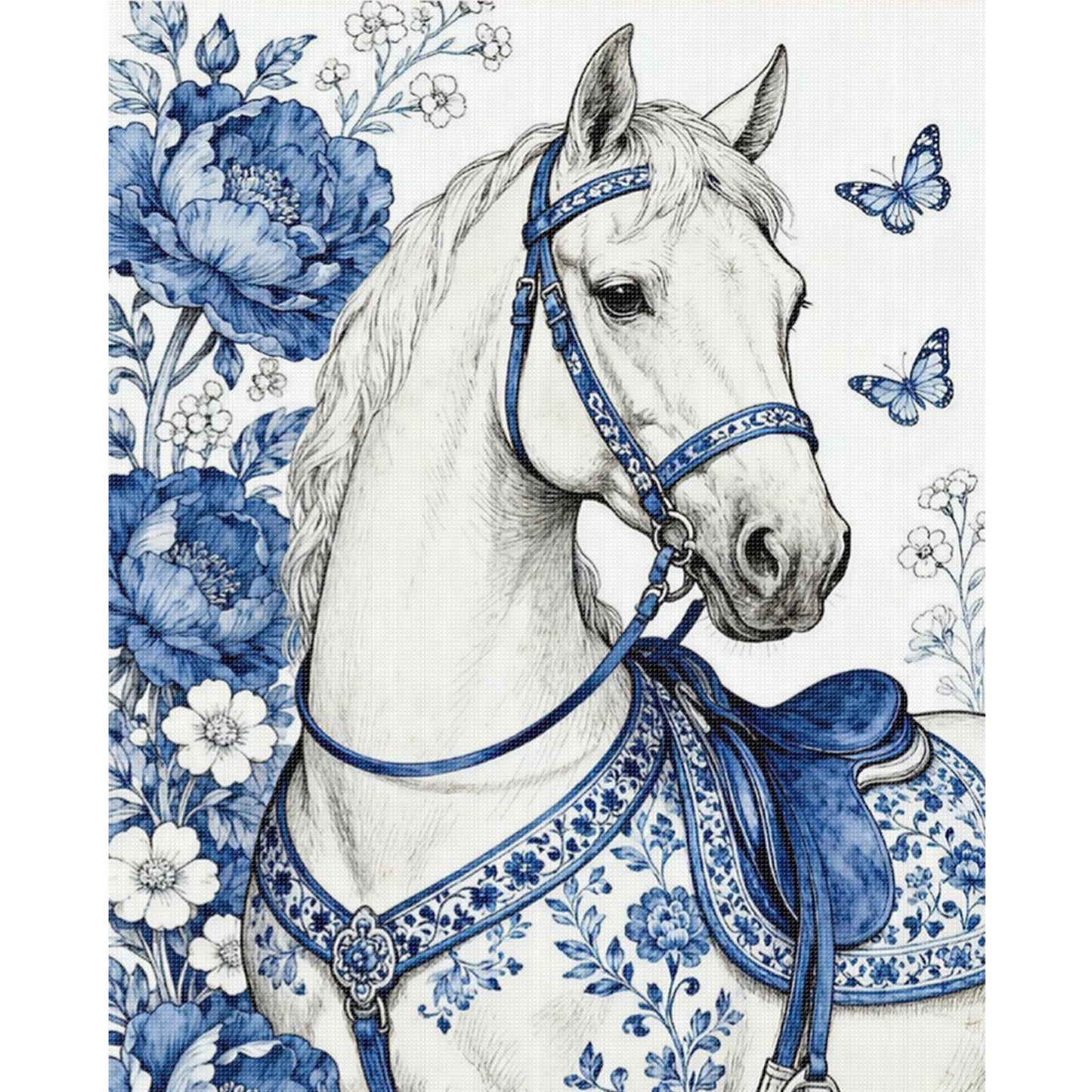 Blue And White Porcelain Series - Horse & Flowers - Full 11CT Stamped Cross Stitch 40x50CM - Huacan