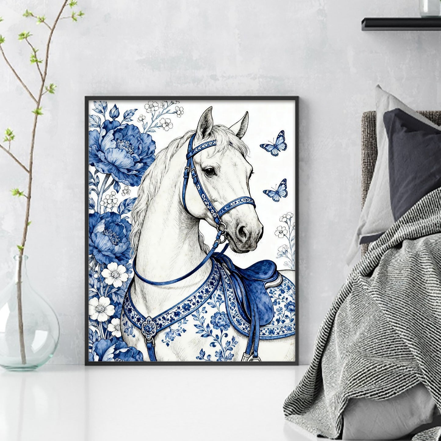 Blue And White Porcelain Series - Horse & Flowers - Full 11CT Stamped Cross Stitch 40x50CM - Huacan