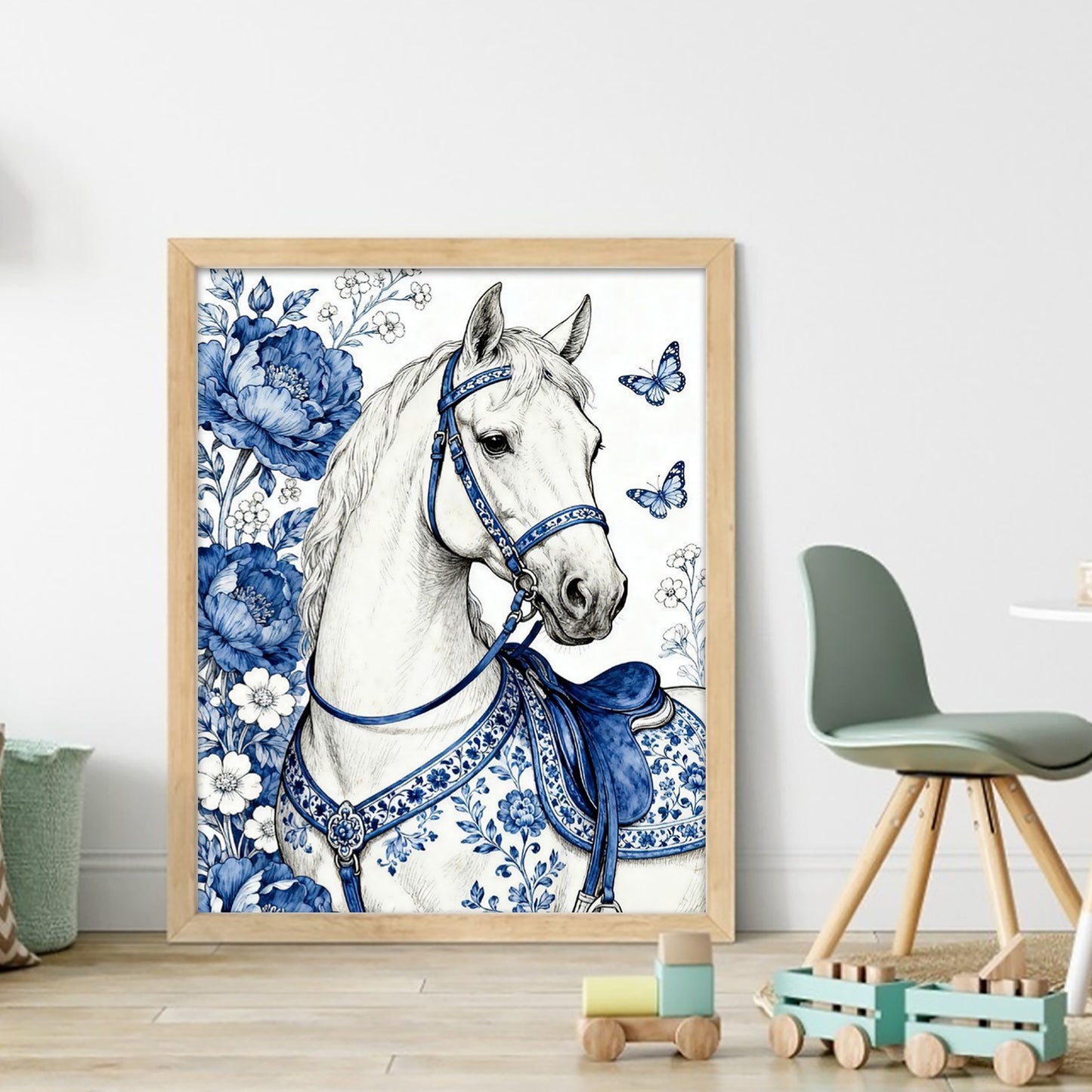 Blue And White Porcelain Series - Horse & Flowers - Full 11CT Stamped Cross Stitch 40x50CM - Huacan