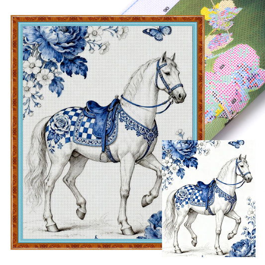 Blue And White Porcelain Series - White Horse - Full 11CT Stamped Cross Stitch 40x50CM - Huacan