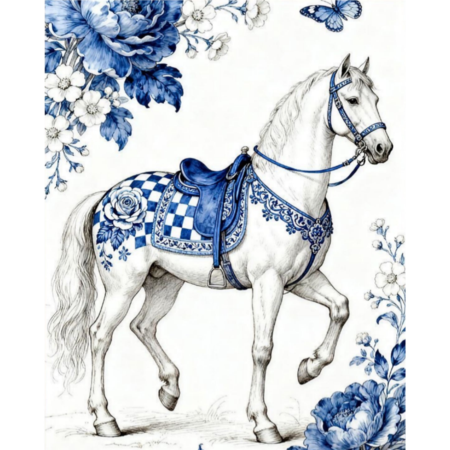 Blue And White Porcelain Series - White Horse - Full 11CT Stamped Cross Stitch 40x50CM - Huacan