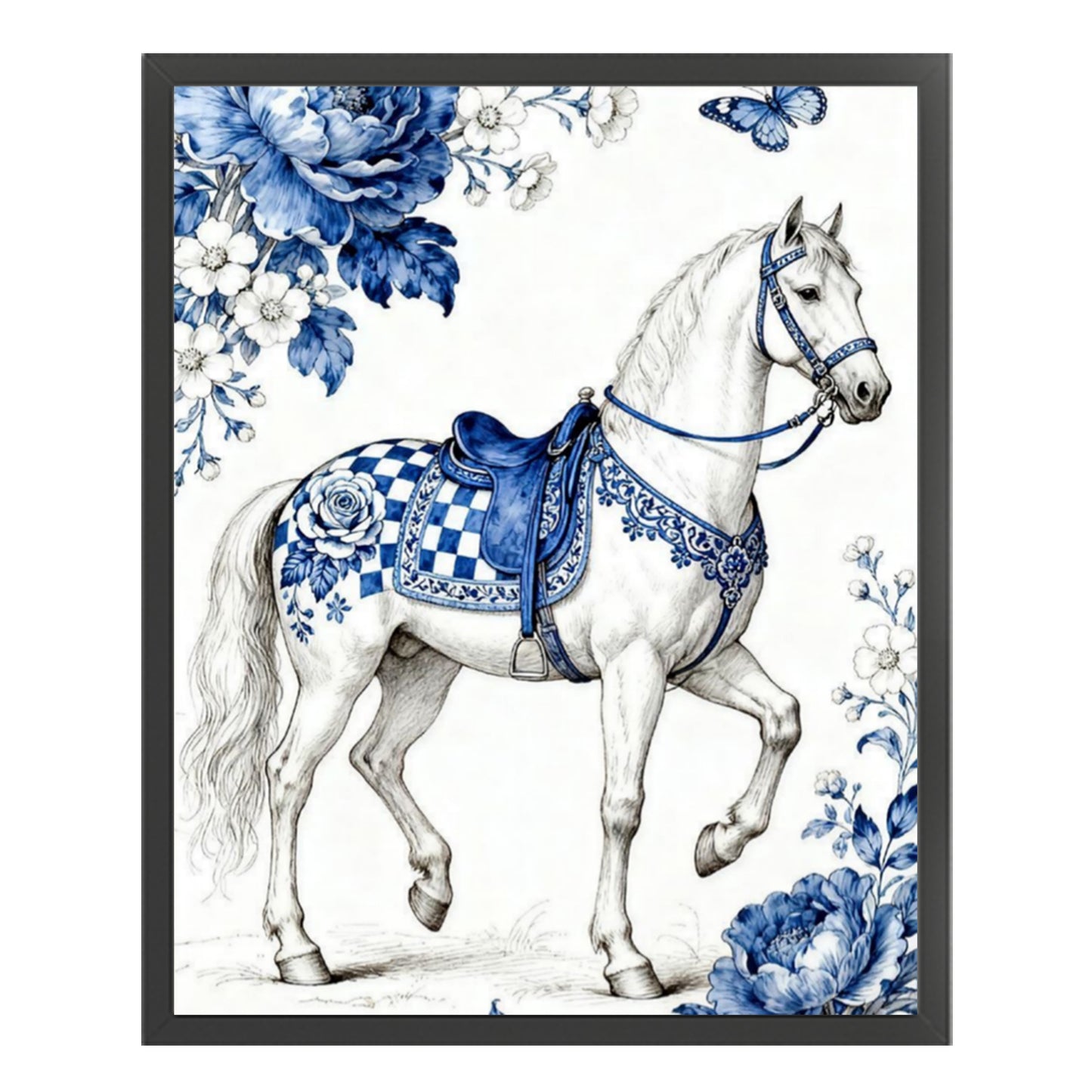 Blue And White Porcelain Series - White Horse - Full 11CT Stamped Cross Stitch 40x50CM - Huacan