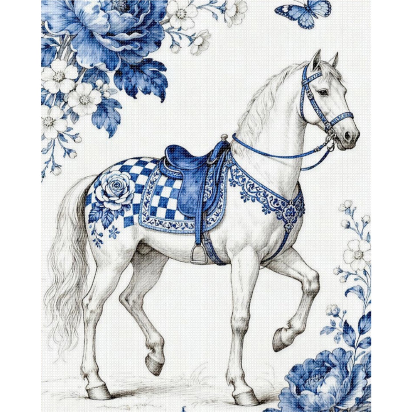 Blue And White Porcelain Series - White Horse - Full 11CT Stamped Cross Stitch 40x50CM - Huacan