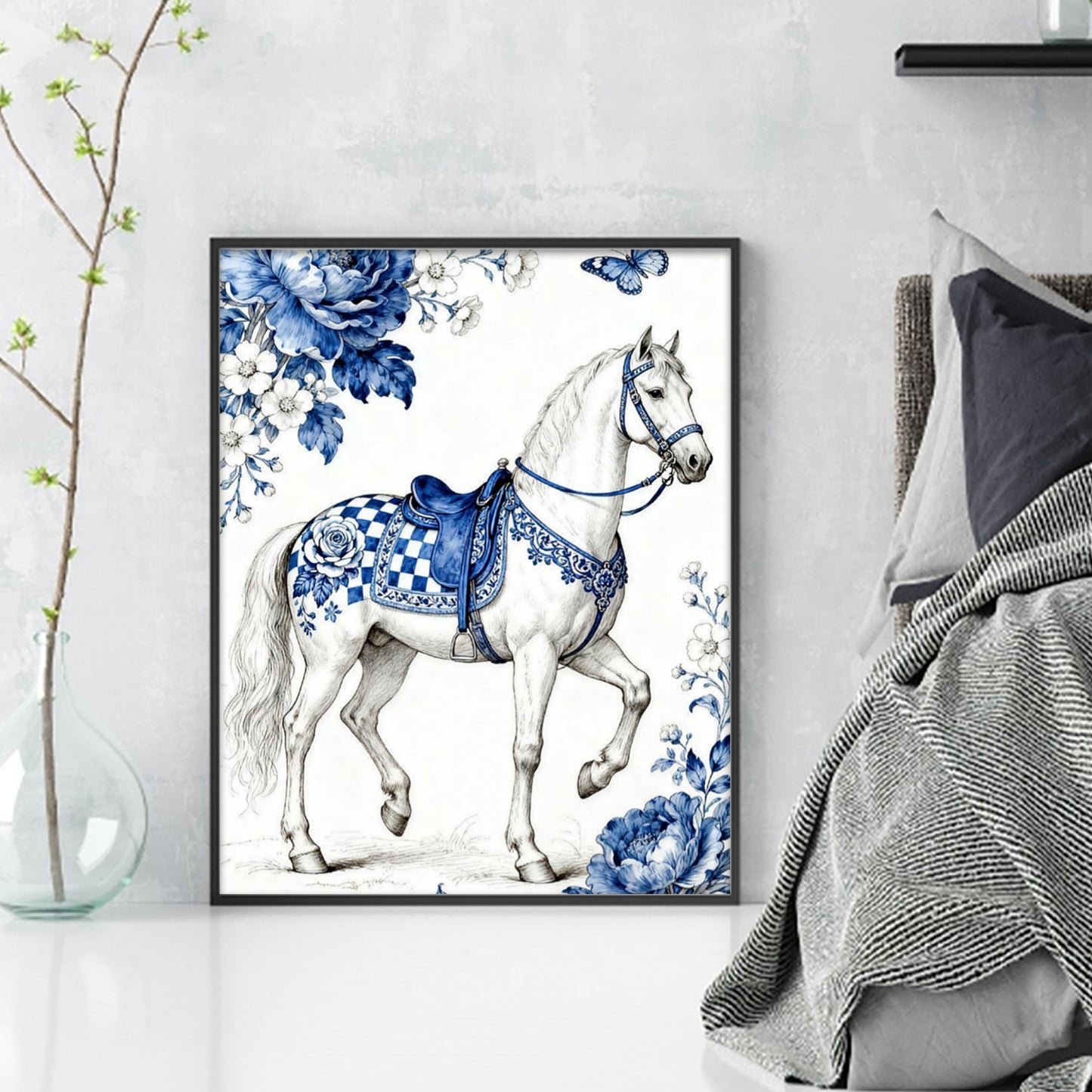 Blue And White Porcelain Series - White Horse - Full 11CT Stamped Cross Stitch 40x50CM - Huacan