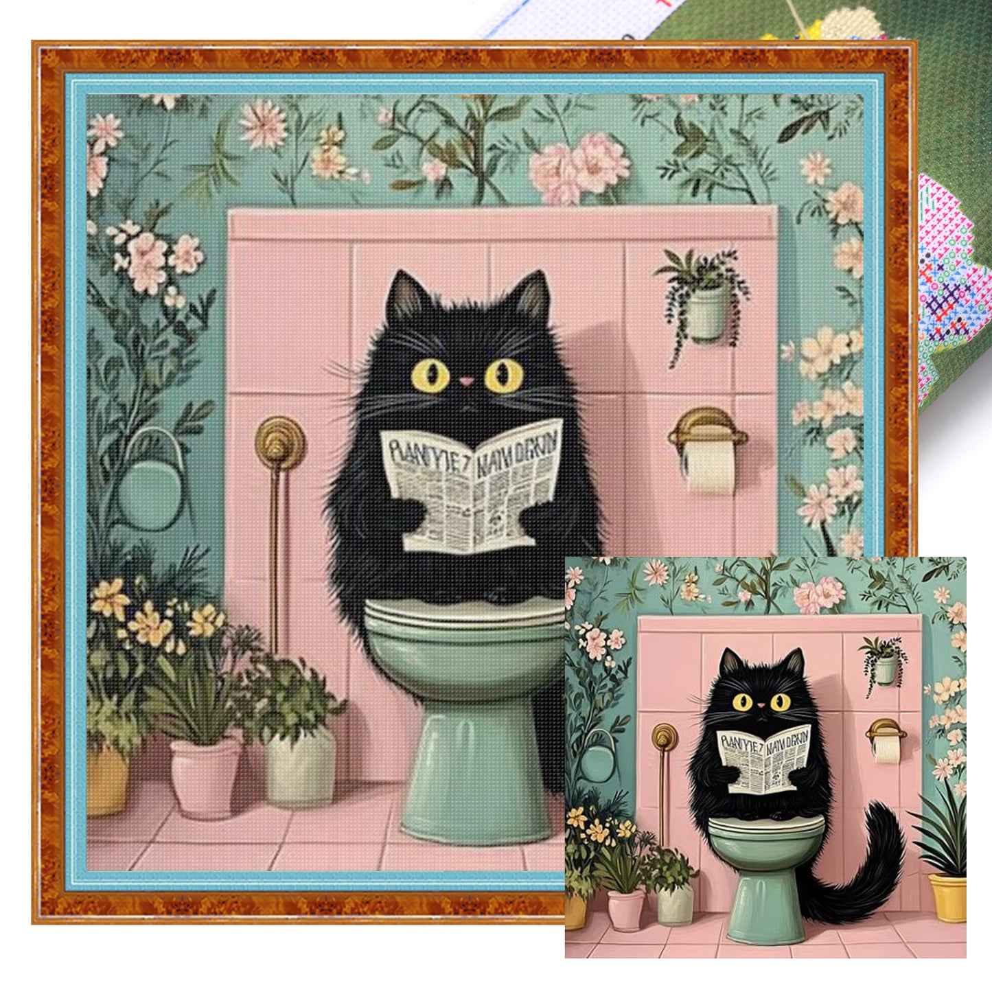 Black Cat In Restroom - Full 11CT Stamped Cross Stitch 40x40CM - Huacan