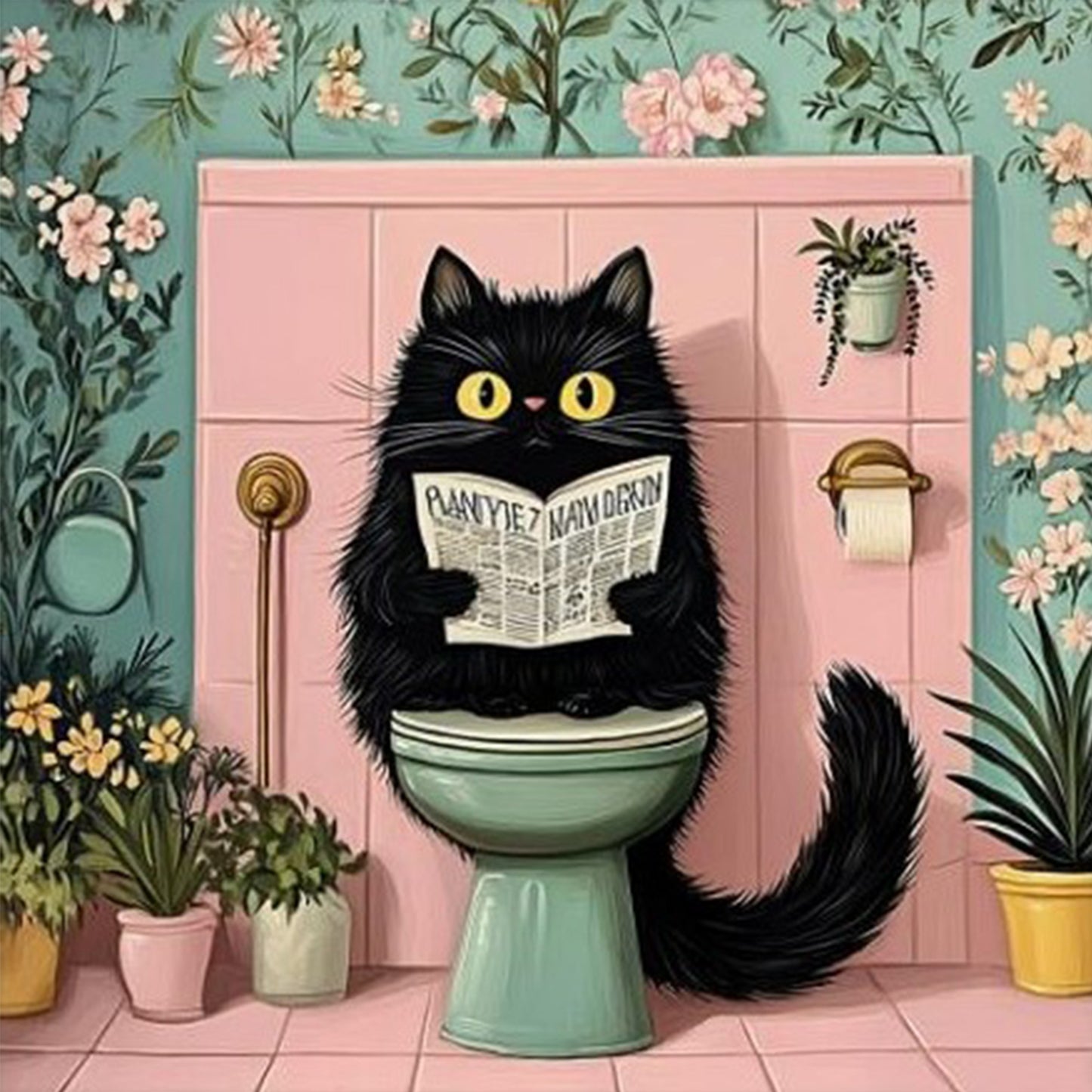Black Cat In Restroom - Full 11CT Stamped Cross Stitch 40x40CM - Huacan