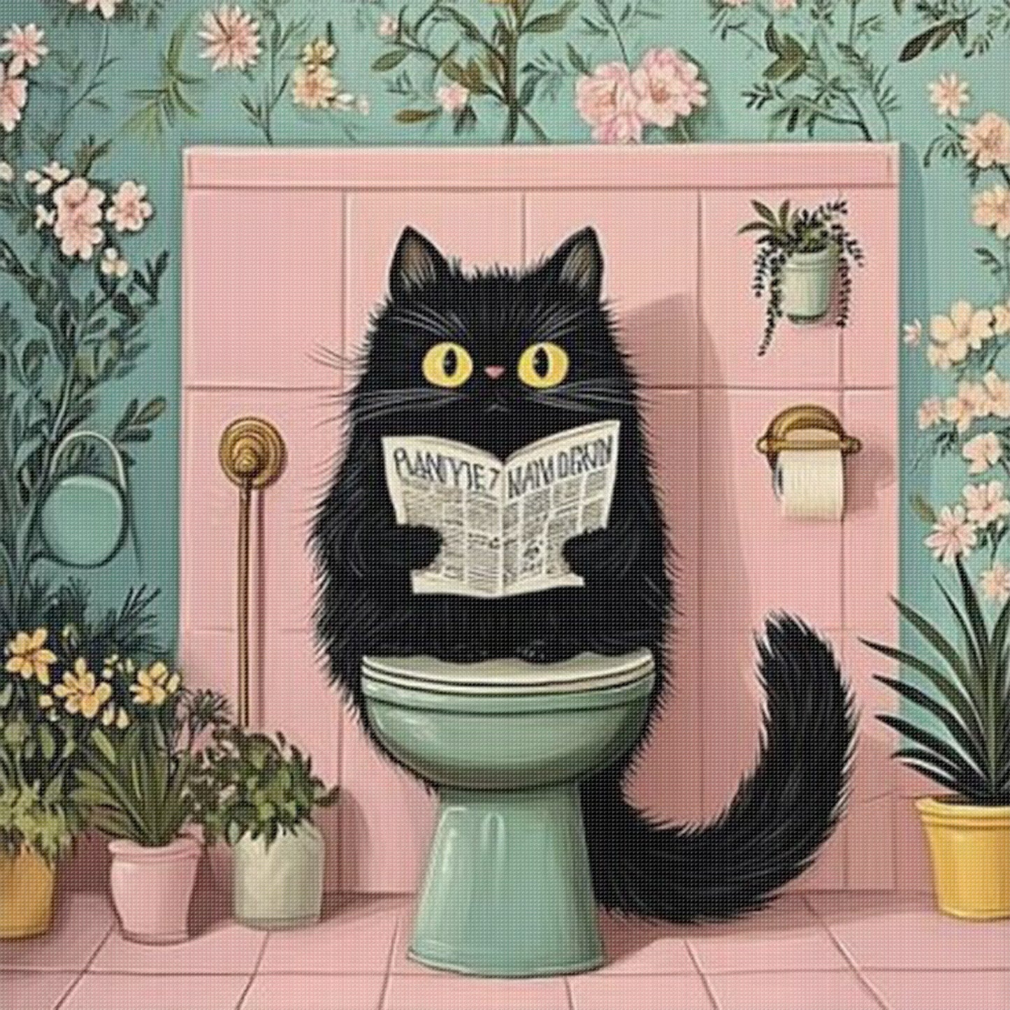 Black Cat In Restroom - Full 11CT Stamped Cross Stitch 40x40CM - Huacan