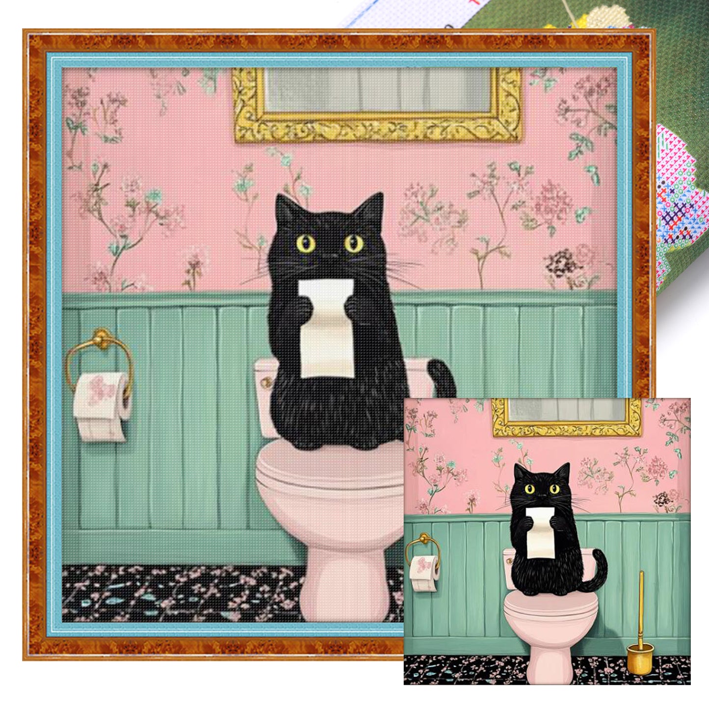Cat On Toilet - Full 11CT Stamped Cross Stitch 40x40CM - Huacan