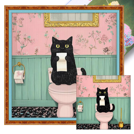 Cat On Toilet - Full 11CT Stamped Cross Stitch 40x40CM - Huacan